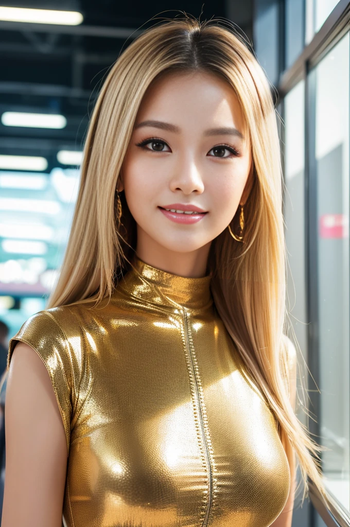 (masterpiece:1.4), (best quality:1.4), ultra high res, ultra high resolution, ((detailed facial features)), HDR, (realistic, photorealistic, photo-realistic:1.37), closeup, sexy seductive Thai woman, (seductive smile), long lashes, beautiful makeup, platinum blonde hair, fair skin, slender figure, elegant posture, wearing large sparkling colorful jewelery, wearing a business style leather dress, standing in a large shopping mall, gentle sunlight shining through the shopping mall windows, casting a soft glow on her face, adding warmth to the scene, vibrant colors, capturing the essence of vibrant city life, portrait style, showcasing her natural beauty and grace in a feminine way