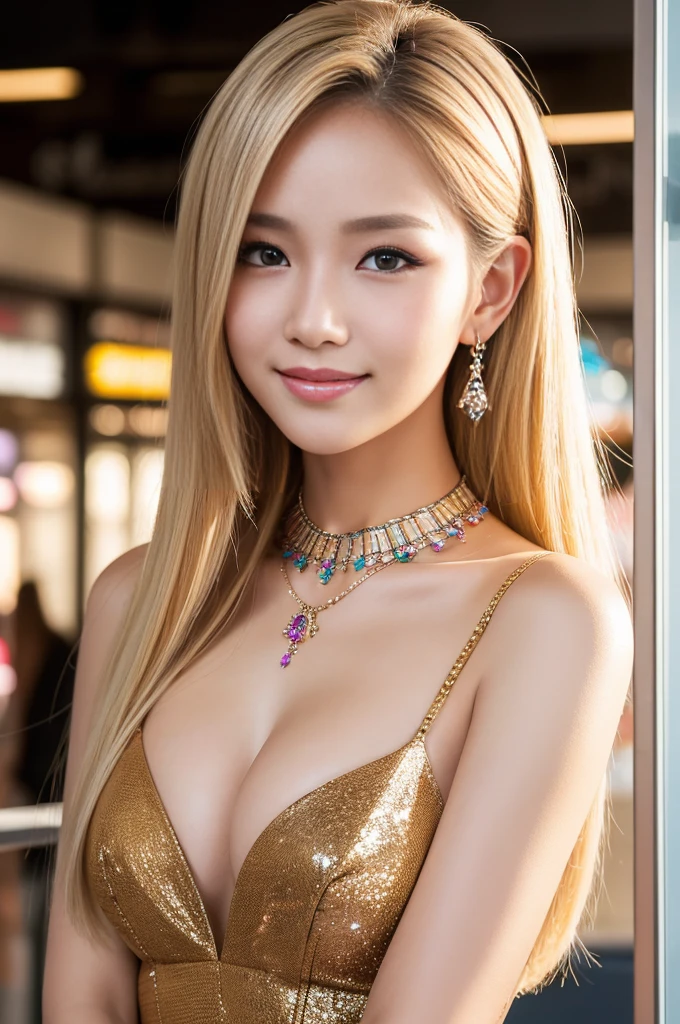 (masterpiece:1.4), (best quality:1.4), ultra high res, ultra high resolution, ((detailed facial features)), HDR, (realistic, photorealistic, photo-realistic:1.37), closeup, sexy seductive Thai woman, (seductive smile), long lashes, beautiful makeup, platinum blonde hair, fair skin, slender figure, elegant posture, wearing large sparkling colorful jewelery, wearing a business style leather dress, standing in a large shopping mall, gentle sunlight shining through the shopping mall windows, casting a soft glow on her face, adding warmth to the scene, vibrant colors, capturing the essence of vibrant city life, portrait style, showcasing her natural beauty and grace in a feminine way