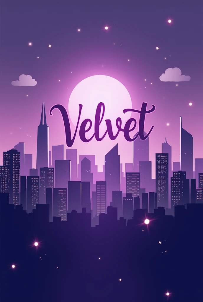 Make a logo with the name Velvet and in the background buildings and a sky and a purple theme