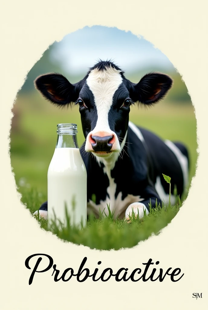 Beautiful, soft black and white cow with long eyelashes sitting with a bottle of milk.
The image should be round..
Below it should say Probioactive in italics