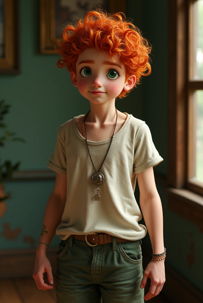 (Photorealism:1.2), A young man with red curly hair, he has dark green eyes like moss, one with freckles on his nose and a smile on his face.  Simple clothes, thrown together in a haphazard way. He doesn't have a lot of muscle, but he has a well-defined body with a height of 1,69  with scars on his fists full body wearing white underwear 