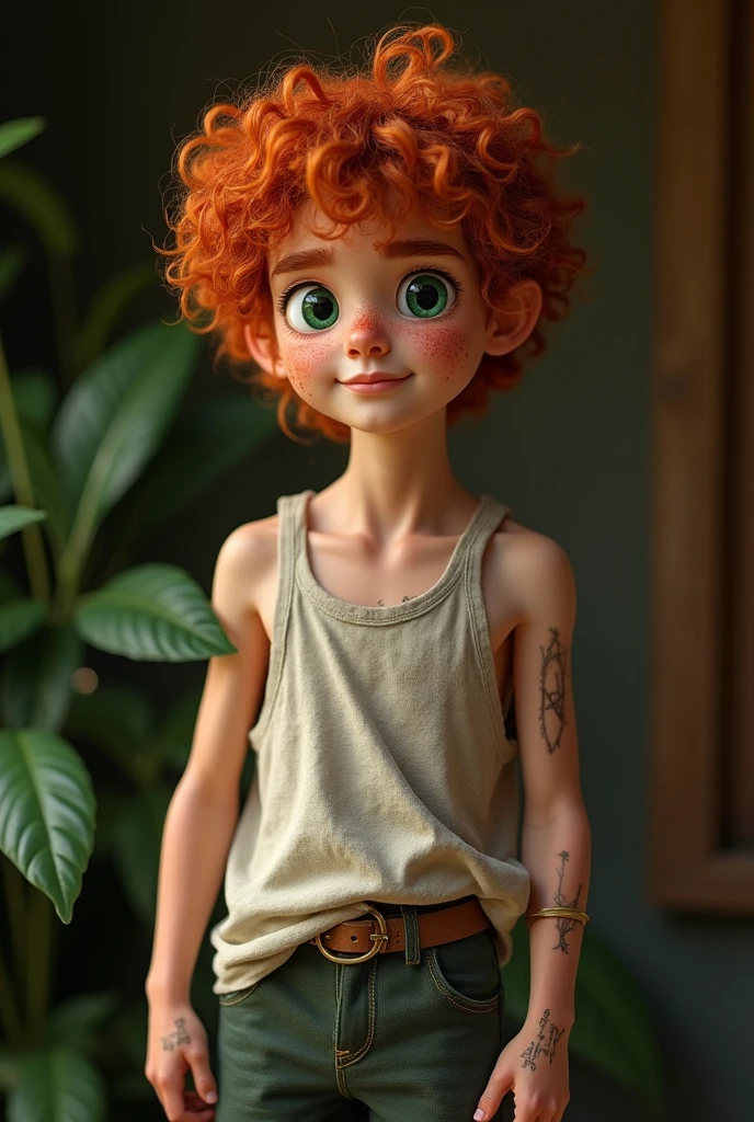 (Photorealism:1.2), A young man with red curly hair, he has dark green eyes like moss, one with freckles on his nose and a smile on his face.  Simple clothes, thrown together in a haphazard way. He doesn't have a lot of muscle, but he has a well-defined body with a height of 1,69  with scars on his fists full body wearing white underwear 
