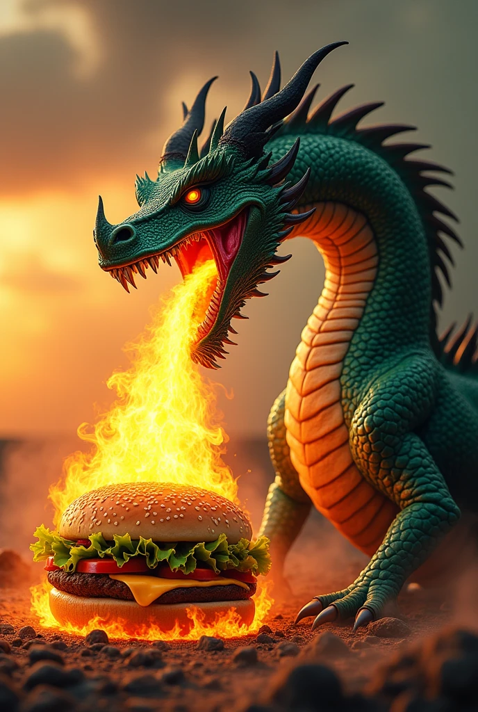 I need a dragon with its mouth open that looks real, I need him to be spitting a huge jet of flames coming out of his mouth. The plane is burning in a McDonald's style sandwich 
