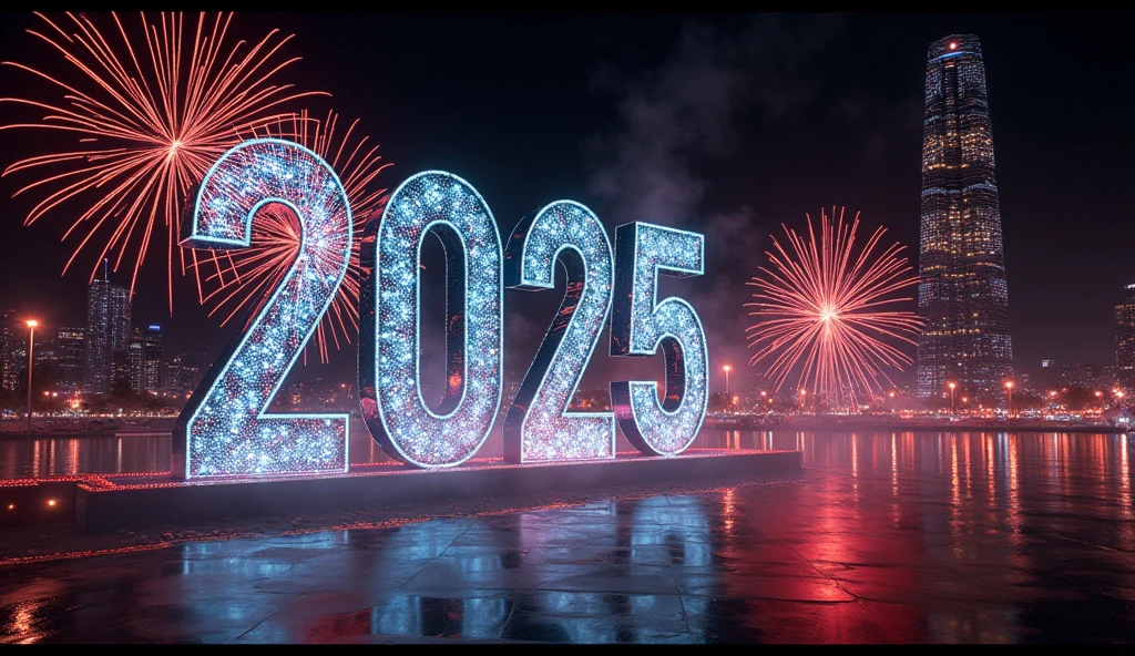 New Year 2025 Futuristic New Year Digital and robotic design in the background on black technologies