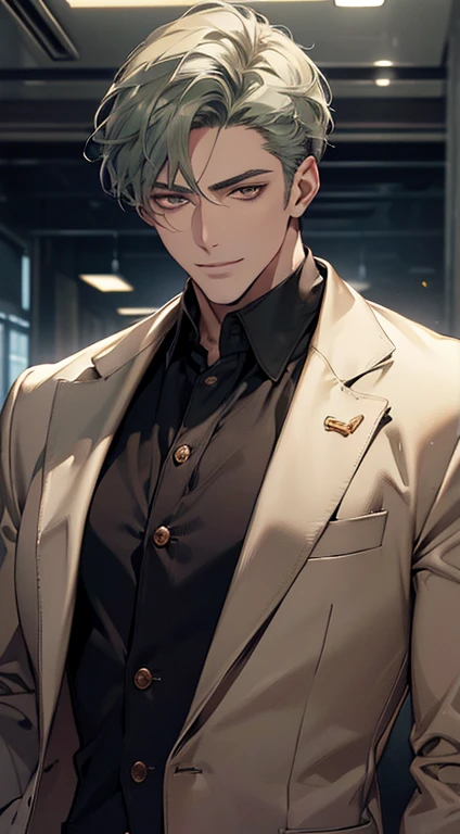 (best quality, masterpiece, 8K, photorealistic, cinematic lighting, hdr image, ultra detailed, beautiful image), a mature man, very handsome, smile, short grey green hair, golden eyes, perfect face without errors, ((buttoning the jacket, CEO))