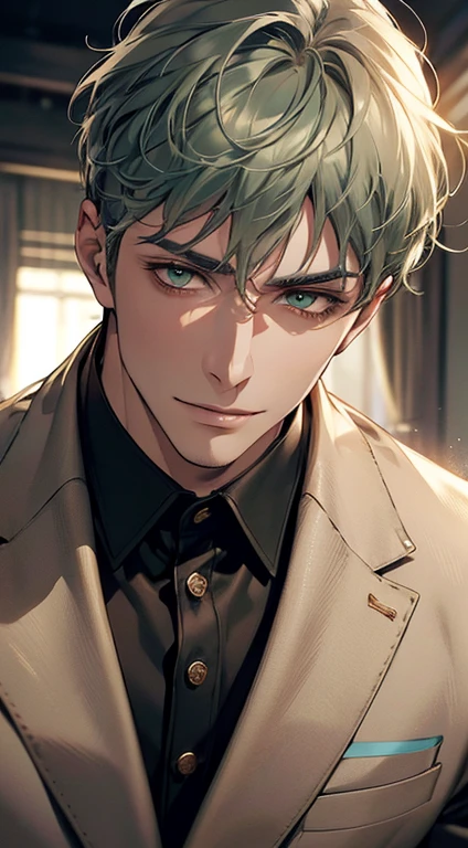 (best quality, masterpiece, 8K, photorealistic, cinematic lighting, hdr image, ultra detailed, beautiful image), a mature man, very handsome, smile, short grey green hair, golden eyes, perfect face without errors, ((buttoning the jacket, CEO))
