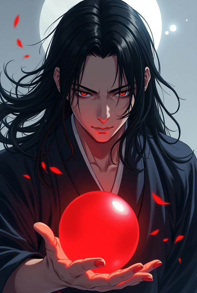 black haired, cold looking man, black eyes, long hair, majestic features, wearing a kimono, holding a glowing red ball of energy in his hand, novel cover.