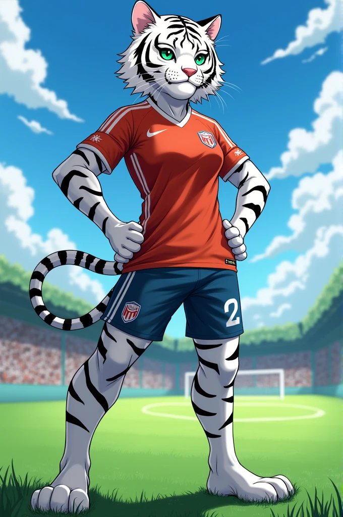 Female white tiger anime in soccer uniform
