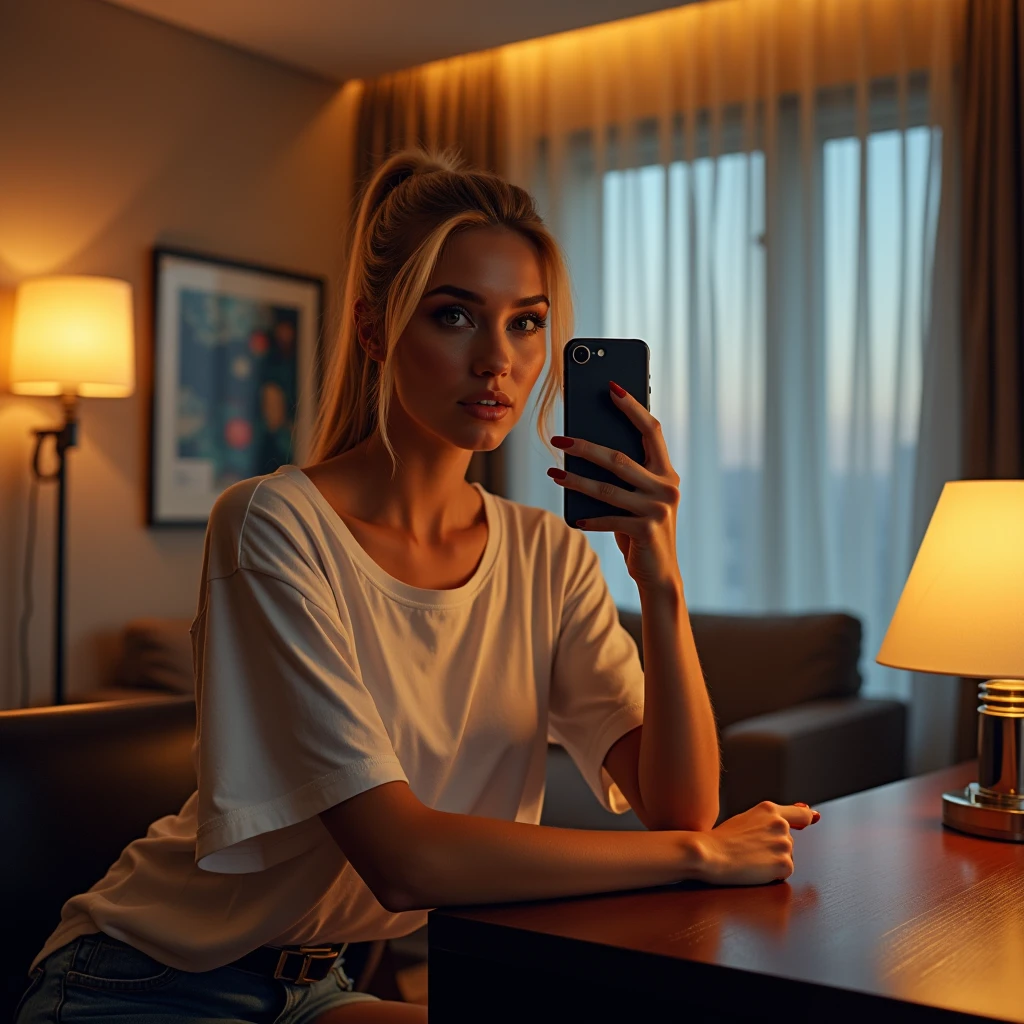 Blonde bombshell , ponytail hair, wearing a large white tshirt, sitting on an office in a hotel room and taking a closeup selfie at night with iphone streight to the viewer