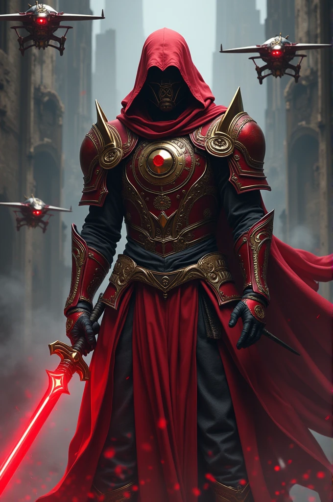 Assasin wielding a katana sword with drones flying around him,Jet propelled flying drone,The drones' sharp tips can fire projectiles., fallen knight, from arknights, gothic knight, evil knight, Style of wlop, fantasy knight, knight, emperor, dark souls knight, Red plated armor, Wear heavy armor with a robe., Heavy red armor with gold trim, smooth cg anime art, Artorias, Red glowing sword,