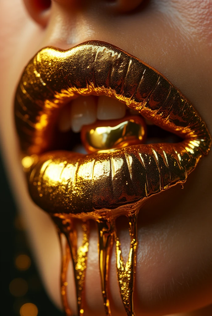 a close up of a gold lip with dripping liquid on it, Golden tooth, liquid gold, golden teeth, with Golden tooth, drip, gold dripping in spiral, draped in shiny golden oil, black gold ink dripping, glossy and drippy, dripping, dirty gold, gold paint, shiny gold, wet lips, inspired by Hedi Xandt, gilded with gold