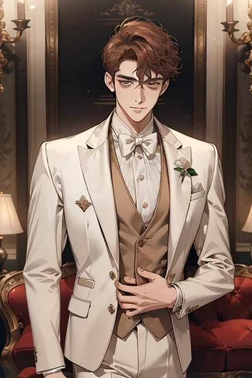 masterpiece, best quality, realistic, 1man, mature male, quiet and charming young man, 28 years old, adorable, closed mouth, portrait, extremely detailed face, soft smile, ((dark amber eyes)), ((short-sides-swept curly light brown hair)), [thick eyebrows], living-room, ((white suit))
