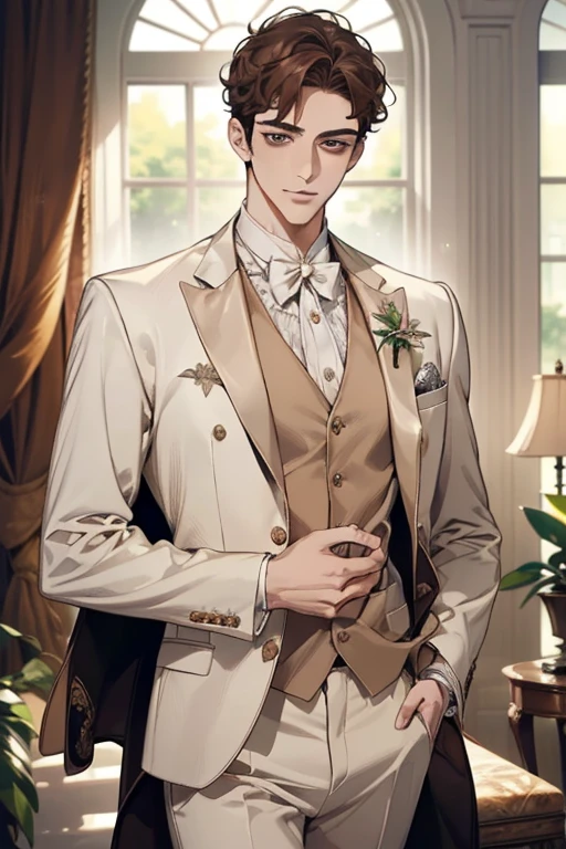 masterpiece, best quality, realistic, 1man, mature male, quiet and charming young man, 28 years old, adorable, closed mouth, portrait, extremely detailed face, soft smile, ((dark amber eyes)), ((short-sides-swept curly light brown hair)), [thick eyebrows], living-room, ((white suit))