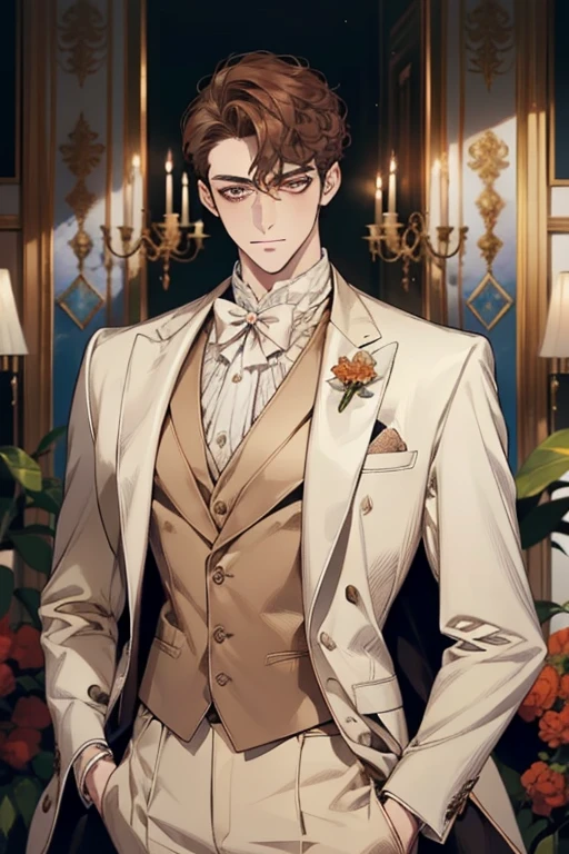 masterpiece, best quality, realistic, 1man, mature male, quiet and charming young man, 28 years old, adorable, closed mouth, portrait, extremely detailed face, soft smile, ((dark amber eyes)), ((short-sides-swept curly light brown hair)), [thick eyebrows], living-room, ((white suit))