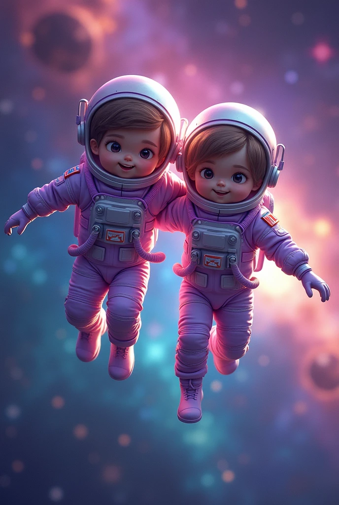 Cute purple, pink and turquoise teenage astronaut twins, slightly realistic
