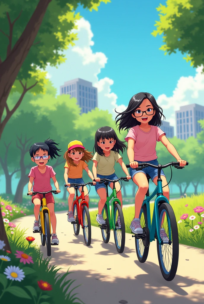 4 girls  ,slicked black hair, short black hair , brown hair with cap, wavy hair wearing glasses,pedaling the bike 