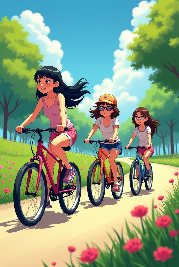 4 girls  ,slicked black hair, short black hair , brown hair with cap, wavy hair wearing glasses,pedaling the bike 