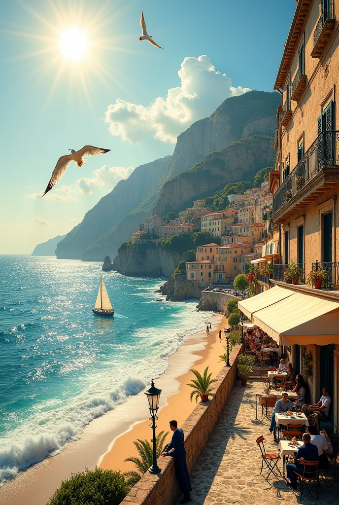 A detailed landscape, a picturesque seaside town, coastal cliffs, sandy beaches, crashing waves, sailboats, seagulls flying, sunlight sparkling on the water, old stone buildings, cafe terraces, people strolling, high-end fashion, (best quality,8k,highres,masterpiece:1.2),ultra-detailed,(realistic,photorealistic,photo-realistic:1.37),landscape, coastal scenery, vibrant colors, warm golden hour lighting