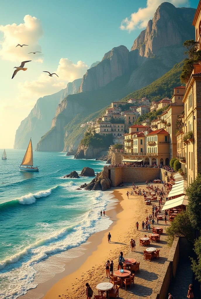 A detailed landscape, a picturesque seaside town, coastal cliffs, sandy beaches, crashing waves, sailboats, seagulls flying, sunlight sparkling on the water, old stone buildings, cafe terraces, people strolling, high-end fashion, (best quality,8k,highres,masterpiece:1.2),ultra-detailed,(realistic,photorealistic,photo-realistic:1.37),landscape, coastal scenery, vibrant colors, warm golden hour lighting