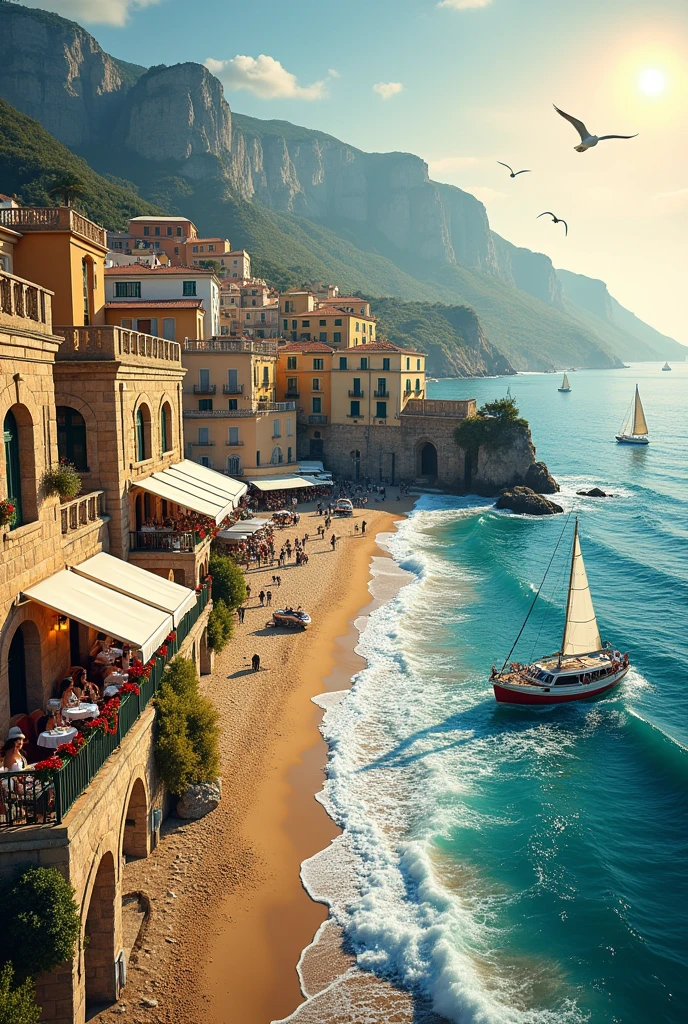 A detailed landscape, a picturesque seaside town, coastal cliffs, sandy beaches, crashing waves, sailboats, seagulls flying, sunlight sparkling on the water, old stone buildings, cafe terraces, people strolling, high-end fashion, (best quality,8k,highres,masterpiece:1.2),ultra-detailed,(realistic,photorealistic,photo-realistic:1.37),landscape, coastal scenery, vibrant colors, warm golden hour lighting