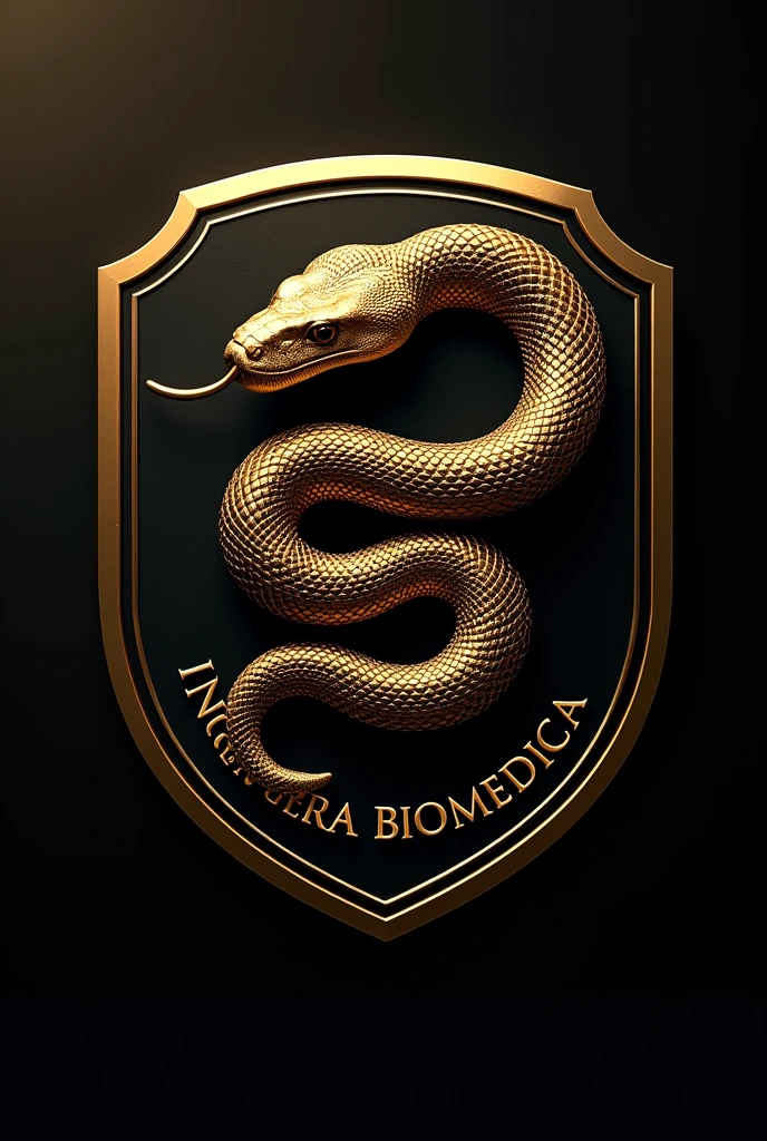 You can create a logo-style shield drawing in gold and black colors with a boa snake in the center and with the words "Ingeniería Biomédica" in Spanish around the bottom part of the shield, but the word should be inside the shield.
