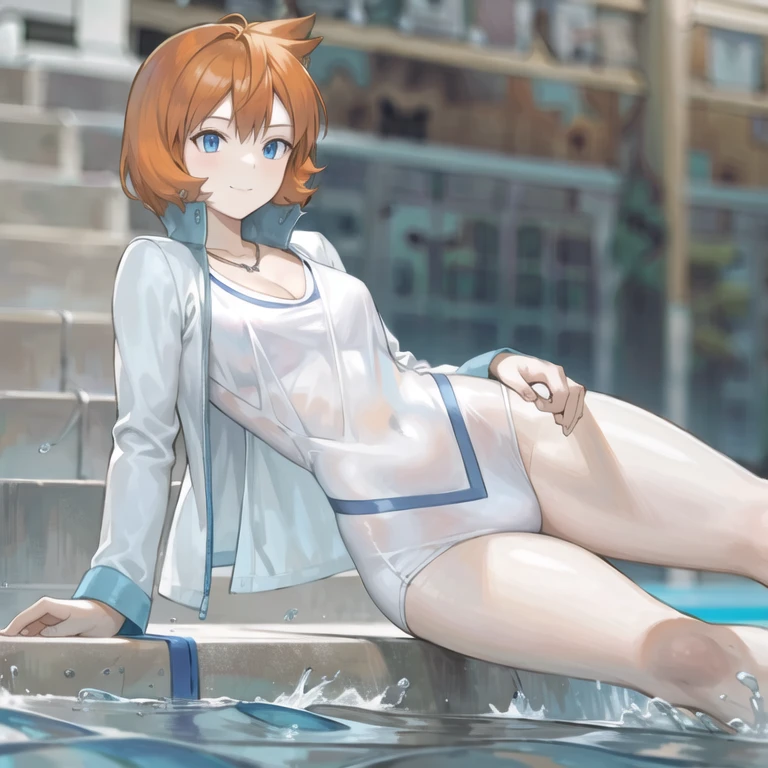 best quality, masterpiece,  mistymature, 1girl, solo, light smile, swminsuit white, orange hair, blue eyes, pool background, sexy, fullbody, sunglasses, Light blue swimmer's jacket, Water drop necklace