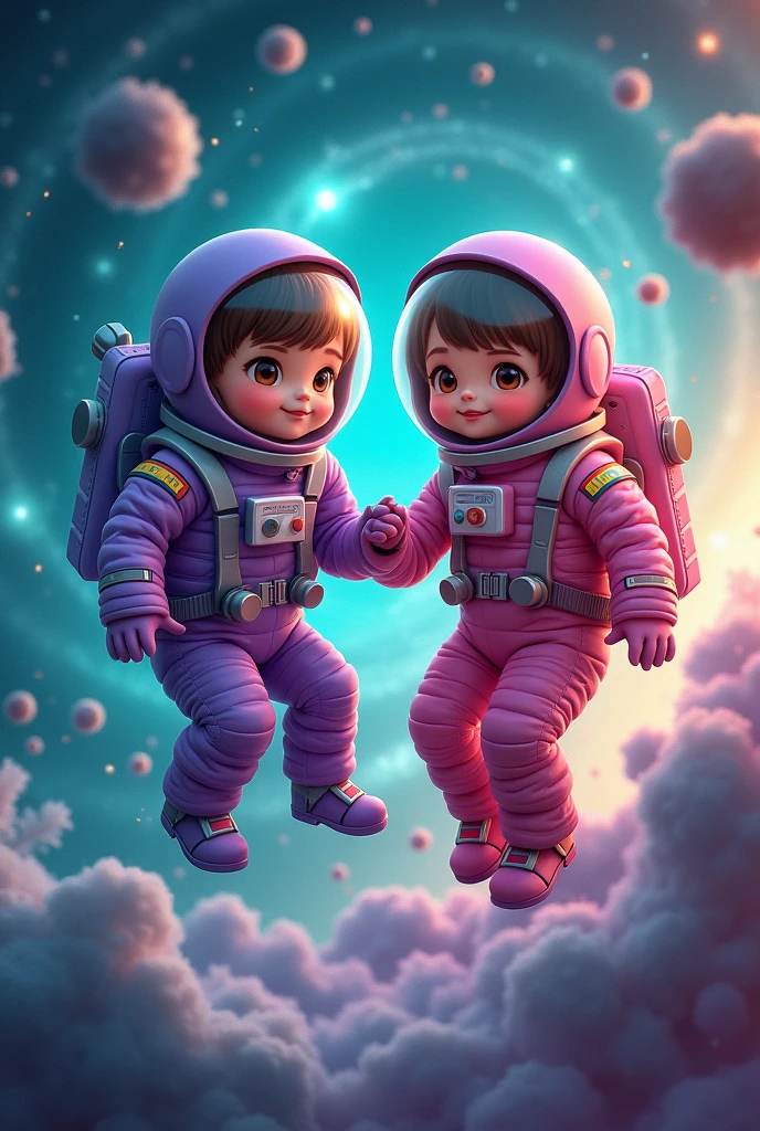 Cute purple, pink and turquoise teenage realistic astronaut twins
