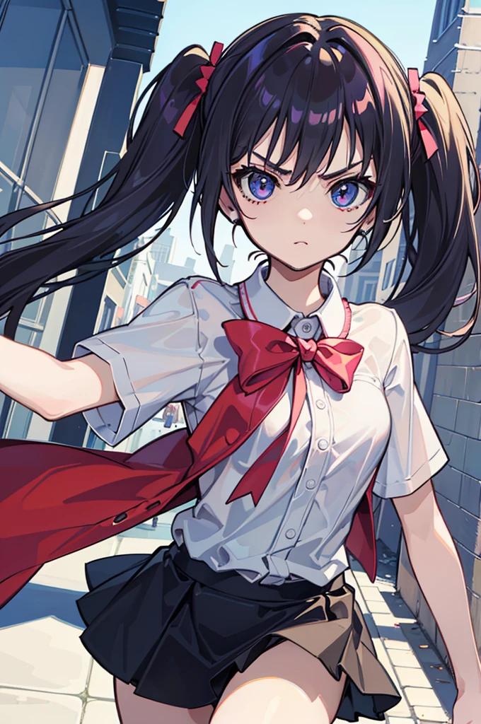 (best quality:1.2), (highest quality:1.2), (perfection:1.1), (flawless:1.1), urban street, 1girl, crazy girl, (dominant look, serious look:1.2), short height, blouse, short skirt, twin tails hair, small breasts, (best quality eyes:1.1), highly detailed, 8k, best quality resolution, (most beautiful upscale:1.1)