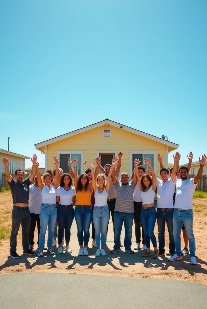 15 people, men and women aged 20 to 50, raising their hands, with different styles of clothing, They are located on a street and in the background there is only one house., and the rest land, People must be of different builds, that is to say, thin, athletic, that they are fat.