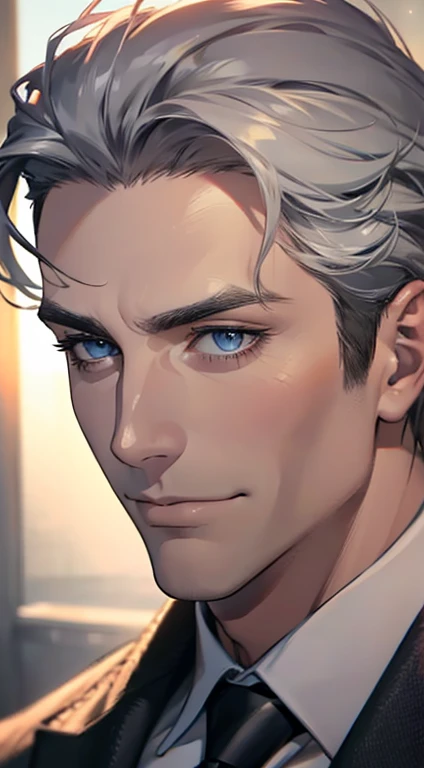 (best quality,4k,8k,highres,masterpiece:1.2),ultra-detailed,(realistic,photorealistic,photo-realistic:1.37),1 man,31 years old,mature man,very handsome,without expression,smile,short grey white hair,blue eyes,penetrating gaze,perfect face without errors,imposing posture,businessman,office background,cinematic lighting,hdr image