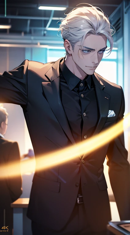 (best quality,4k,8k,highres,masterpiece:1.2),ultra-detailed,(realistic,photorealistic,photo-realistic:1.37),1 man,31 years old,mature man,very handsome,without expression,smile,short grey white hair,blue eyes,penetrating gaze,perfect face without errors,imposing posture,businessman,office background,cinematic lighting,hdr image