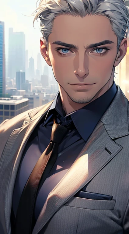 (best quality,4k,8k,highres,masterpiece:1.2),ultra-detailed,(realistic,photorealistic,photo-realistic:1.37),1 man,31 years old,mature man,very handsome,without expression,smile,short grey white hair,blue eyes,penetrating gaze,perfect face without errors,imposing posture,businessman,office background,cinematic lighting,hdr image