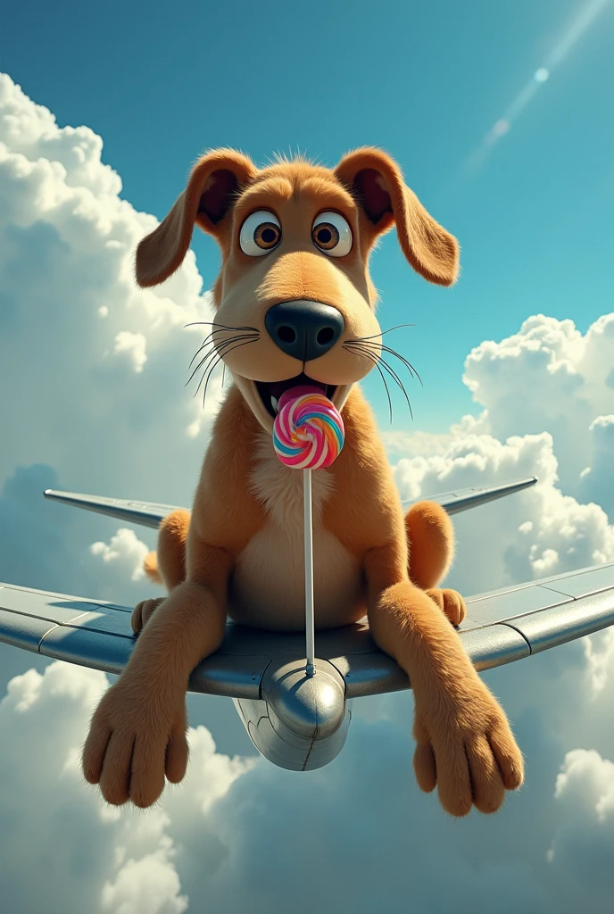 (Photorealism:1.2), ,ChatGPT, Create a realistic image of a giant, long-nosed dog with human feet on top of an airplane and enjoying a lollipop.