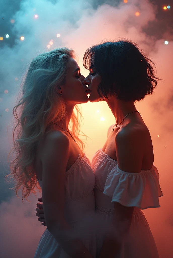 (Mysterious fog:1.5), (Thick Fog:1.2), iridescent, neon dust, shading effects, gradation magic effects, foggy filter effects, glitter effects, graphic CG digital art, Two young women kissing, A woman with long blonde hair and a woman with short black hair