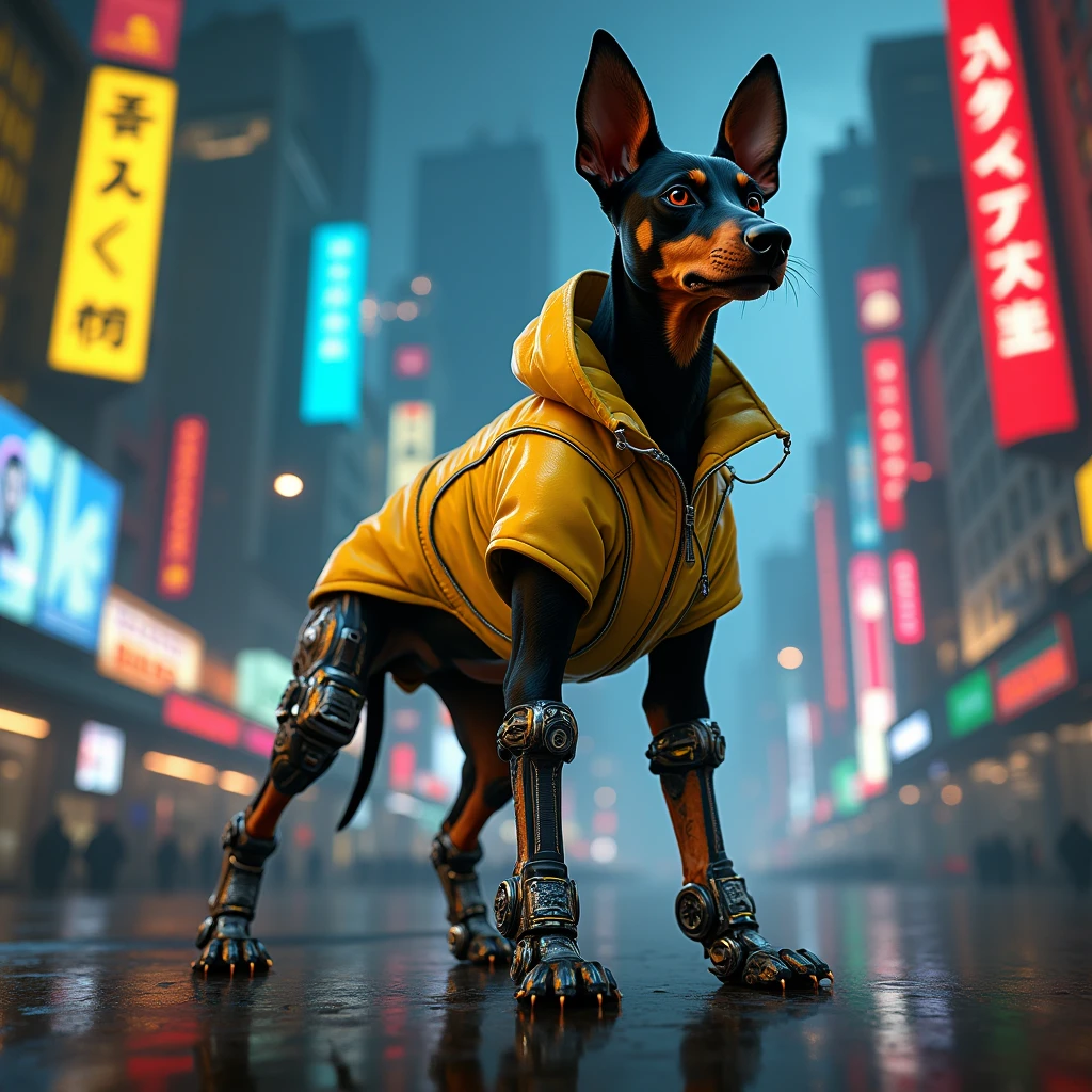 Portrait of a Pinscher dog wearing a yellow jacket by David Martinez from Cyberpunk 2077, with a cyberpunk-themed mechanical leg.