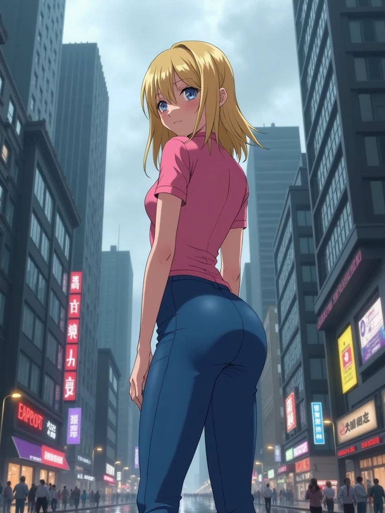 A blonde girl standing on the ground floor of a metropolis building, fully body, perfectbody, perfect hands, perfect legs, piercing look, wearing blue pants and a pink shirt, observing the surrounding buildings and the hustle and bustle of a big city. Cloudy and very rainy day. anime styling, high resolution,