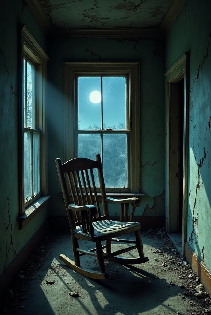 A wooden rocking chair in the middle of a room in an abandoned house on a dark night