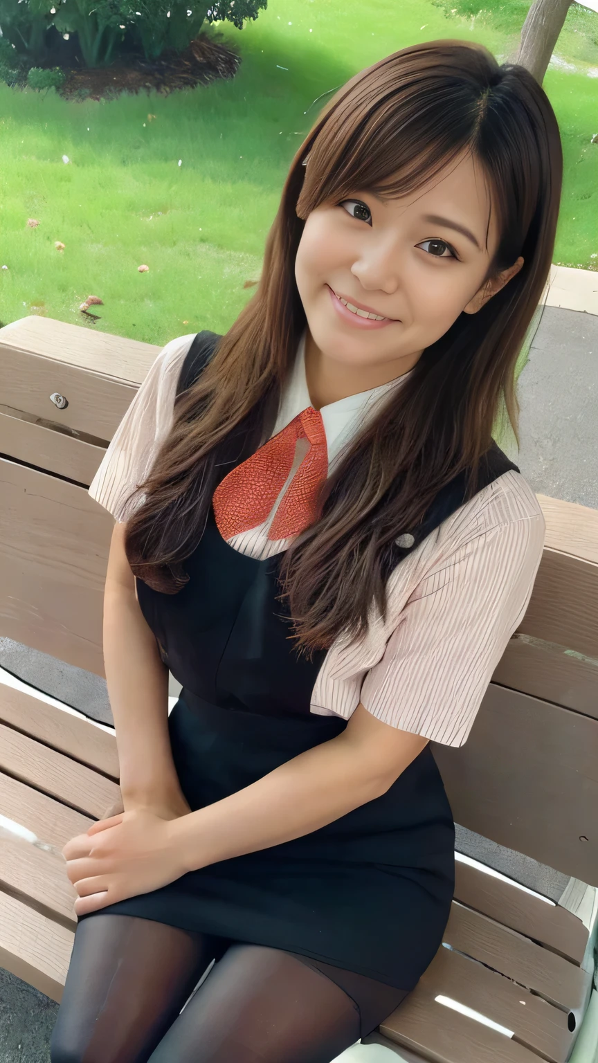 Highest quality、8k、masterpiece、Ultra-high resolution、Clear photos、Professional Lighting、Natural light、Realistic,、Highly detailed skin、Perfect Anatomy、(Beautiful Hands)、(Beautiful fingers)、One Woman、 25、Bab8、Large Breasts、(Large areola)、Glamour、Bob Hair、Brown Hair、Beautiful Hair、smile、Star Uniform、Black vest、Short sleeve shirt、Black tight mini skirt、((Perfect Pantyhose:1.2))、((Black Pantyhose:1.1))、at the park、Sitting on a bench、(((Shot from below:1.2)))