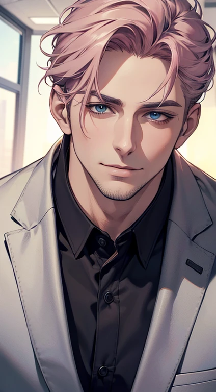 (best quality,4k,8k,highres,masterpiece:1.2),ultra-detailed,(realistic,photorealistic,photo-realistic:1.37),1 man,31 years old,mature man,very handsome,without expression,smile,short grey pink hair,blue eyes,penetrating gaze,perfect face without errors,imposing posture,businessman,office background,cinematic lighting,hdr image