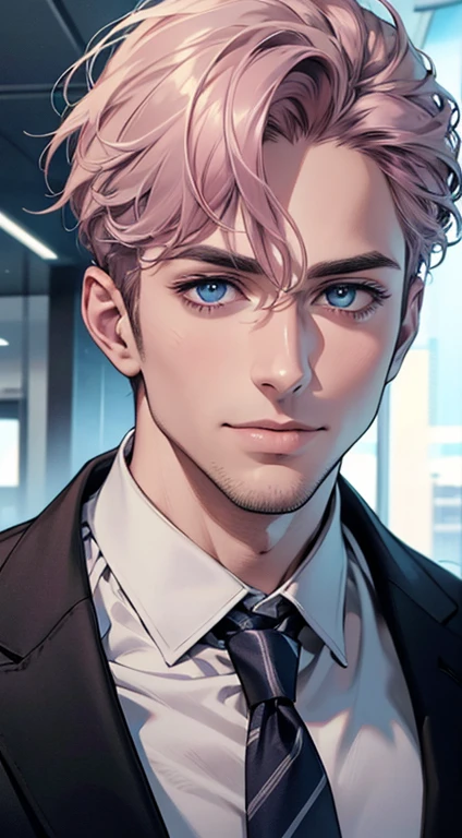 (best quality,4k,8k,highres,masterpiece:1.2),ultra-detailed,(realistic,photorealistic,photo-realistic:1.37),1 man,31 years old,mature man,very handsome,without expression,smile,short grey pink hair,blue eyes,penetrating gaze,perfect face without errors,imposing posture,businessman,office background,cinematic lighting,hdr image
