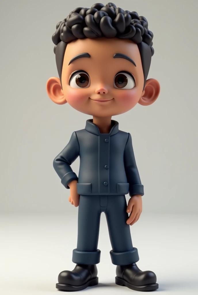 Create a 3D mascot with an adult face without a beard, male, light brown, thin with a thin face and a thin chin, with brown eyes, in a dark blue uniform with dark blue pants, without a logo, without details, with black boots. , and also with curly hair , muito curto , hairy and bald with a thin nose