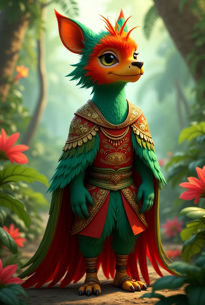 1. **colorful feathers**: Maintain the vibrant green and red characteristic of the quetzal in the avatar's feathers, but add a stylized and more elaborate touch, like feathers with bright or metallic details.
2. **facial expression**: Give the avatar a friendly and charismatic expression. Eyes can be large and expressive, typical in furry art.
3. **Furry Characteristics**: Integrate anthropomorphic features like pointed ears, a more humanoid snout, and an upright posture. You can add a long, elegant tail that resembles the quetzal's feathers.
4. **Clothes and accessories**: Add clothing elements that complement the furry style, like a cape or a vest reminiscent of the quetzal's feathers, or accessories inspired by the culture surrounding this bird.
5. **artistic style**: Opt for an art style that combines furry aesthetics with touches of natural design, highlighting both animal and human features.