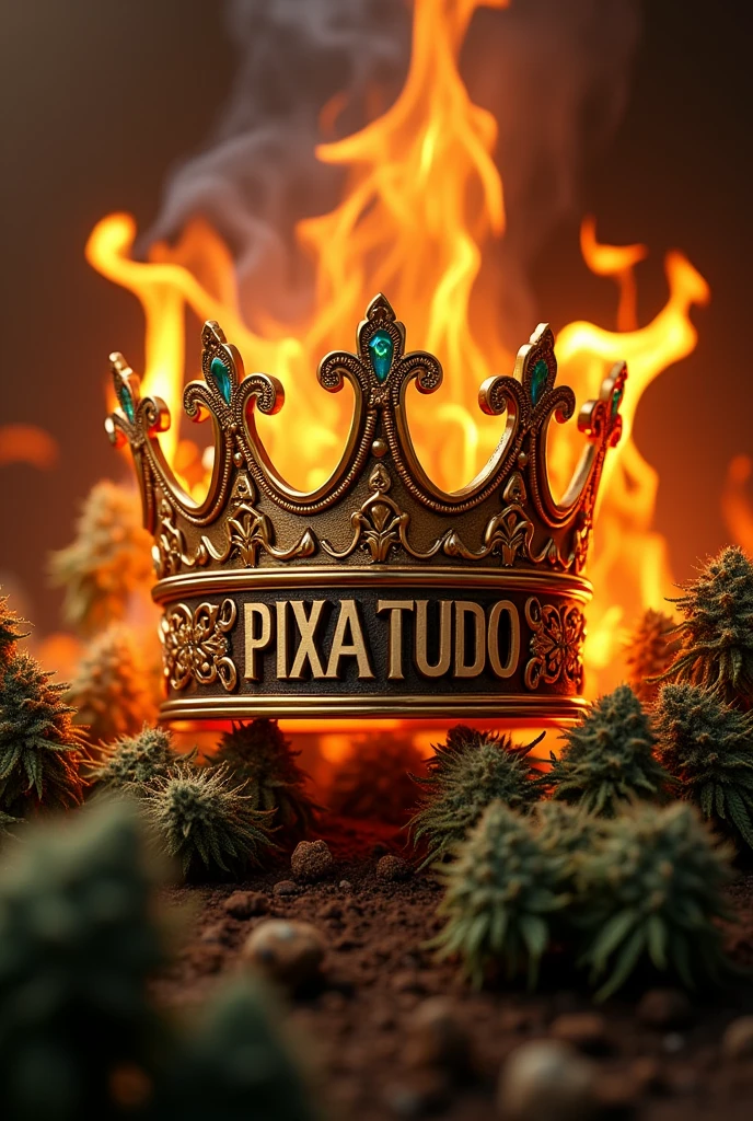 Typography: PIXA TUDO written INSIDE a golden crown . name: PIXA TUDO like a logo / 2D graphite logo style with burning marijuana plants in the background scene 