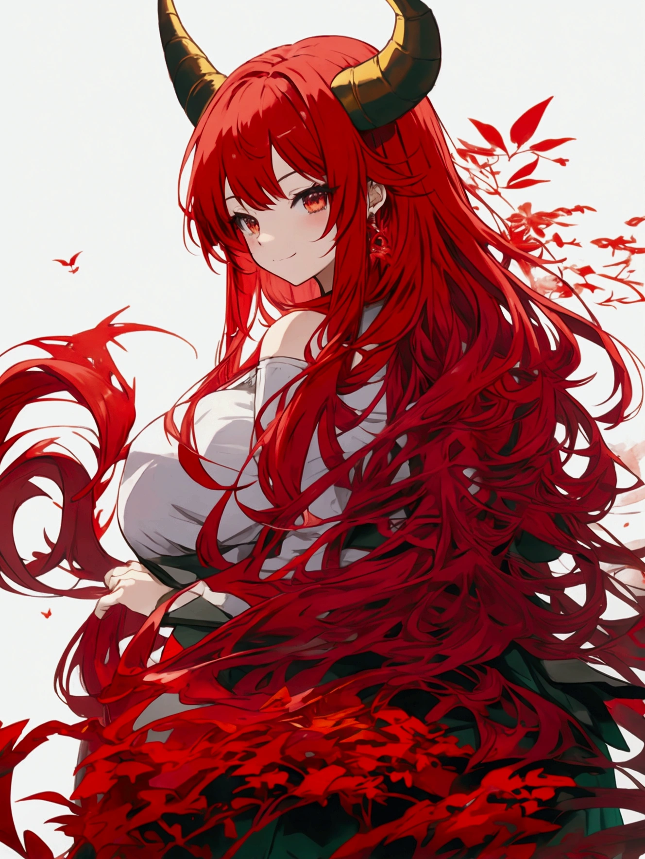 Anime Dragon girl. Red hair. Dragon horns and tail. standing on the hill. Soft smile. Red dragon in the backgraund.