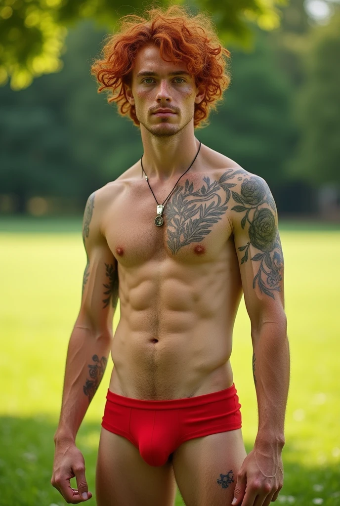 (Photorealism:1.2), A young man with red curly hair, he has dark green eyes like moss, one with freckles on his nose and a smile on his face. Simple clothes, thrown together in a haphazard way. He doesn't have a lot of muscle, but he has a well-defined body with a height of 1,69 with scars on his fists. Full body. Focus on lower body. wearing red visible jockstrap underwear
