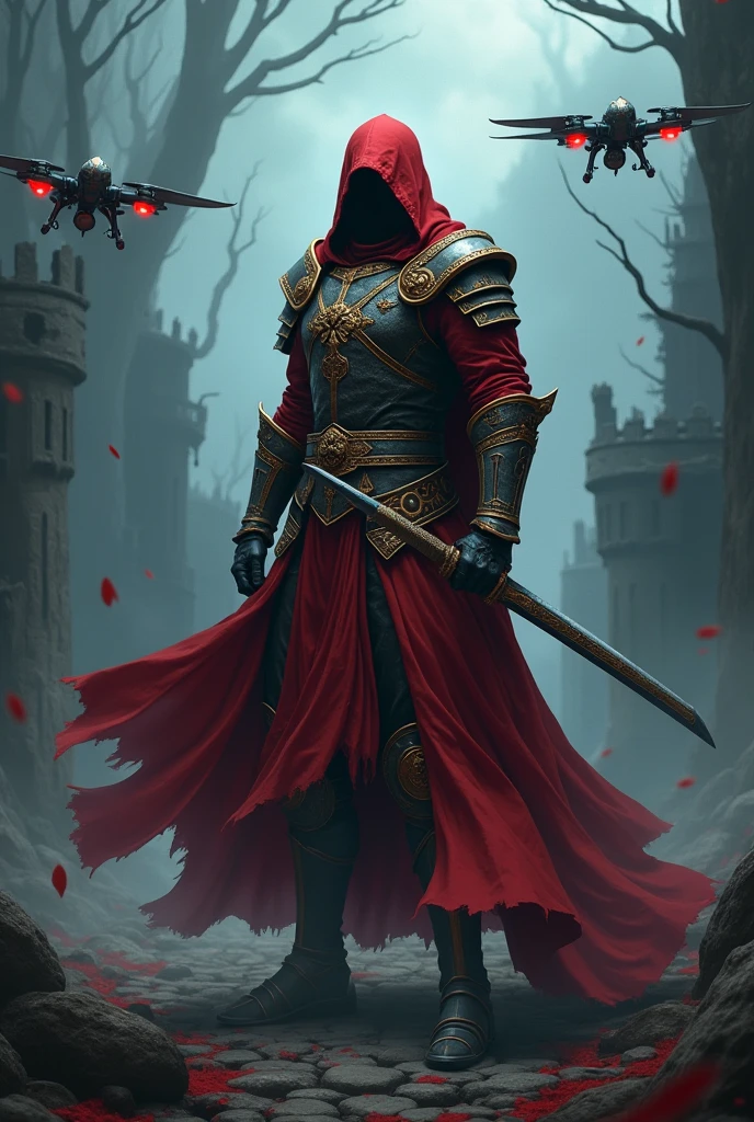 Assasin wielding a katana sword with drones flying around him,Jet propelled flying drone,The drones' sharp tips can fire projectiles., fallen knight, from arknights, gothic knight, evil knight, Style of wlop, fantasy knight, knight, emperor, dark souls knight, Red plated armor, Wear heavy armor with a robe., Heavy red armor with gold trim, smooth cg anime art, Artorias, Red glowing sword,