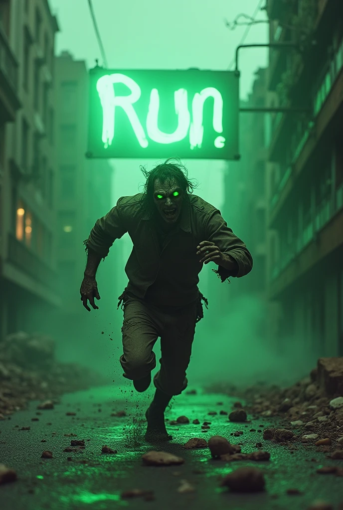 Zombie running fast with green >> sign