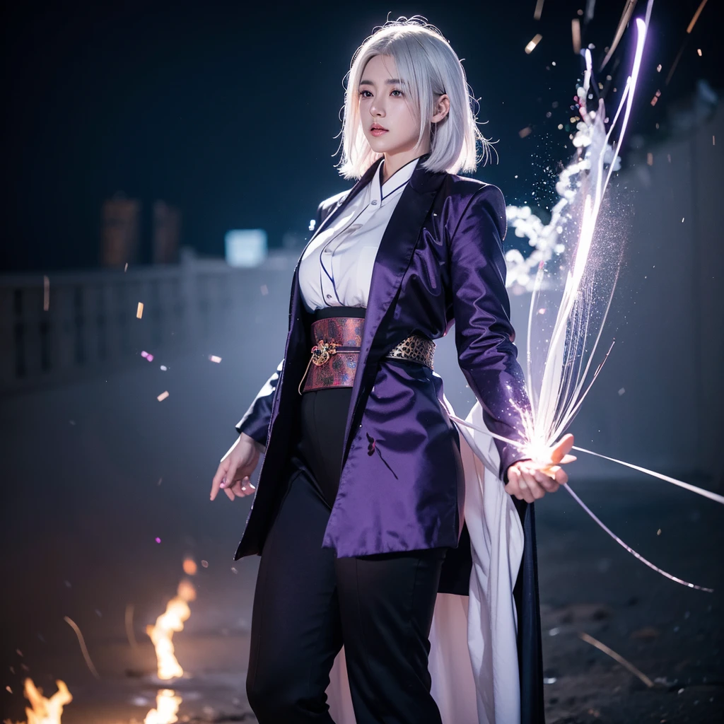 1 men, Japanese clothing, hypdertailed ,White hair, purples eyes, magic circle, fire blue, Blue flames, wall-paper, paisaje, bloodstains, bloodstains splatter, Depth of field, natta, light particles, lightrays, side lighting, thicc thighs, Destiny \(Series\), impacto genshin, ****, open jacket, overskirt, thicc thighs, nube