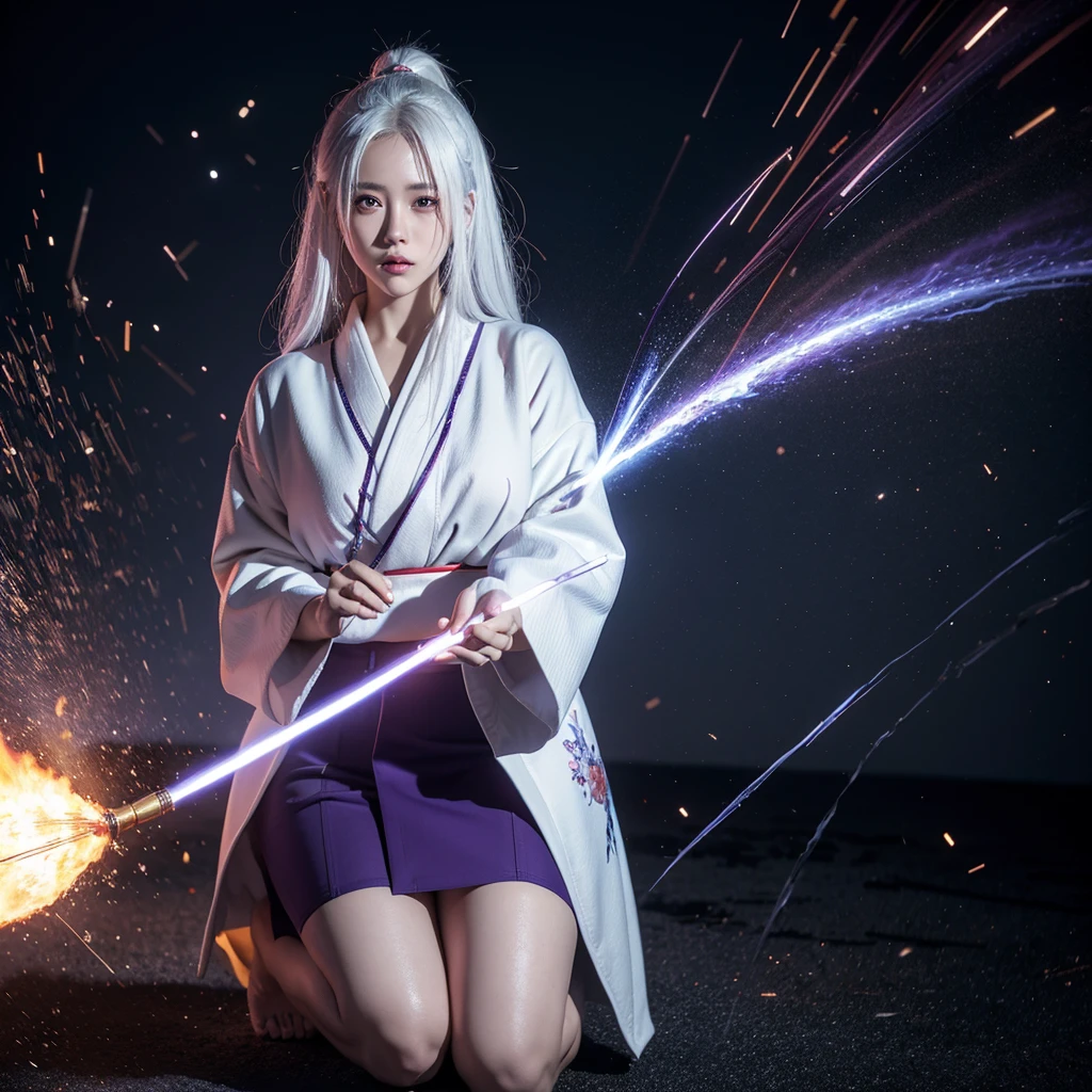 1 men, Japanese clothing, hypdertailed ,White hair, purples eyes, magic circle, fire blue, Blue flames, wall-paper, paisaje, bloodstains, bloodstains splatter, Depth of field, natta, light particles, lightrays, side lighting, thicc thighs, Destiny \(Series\), impacto genshin, ****, open jacket, overskirt, thicc thighs, nube
