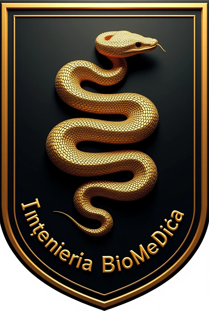 You can create a logo-style shield drawing in gold and black colors with a boa snake in the center and with the words "Ingeniería Biomédica" in Spanish around the bottom part of the shield, but the word should be inside the shield. 